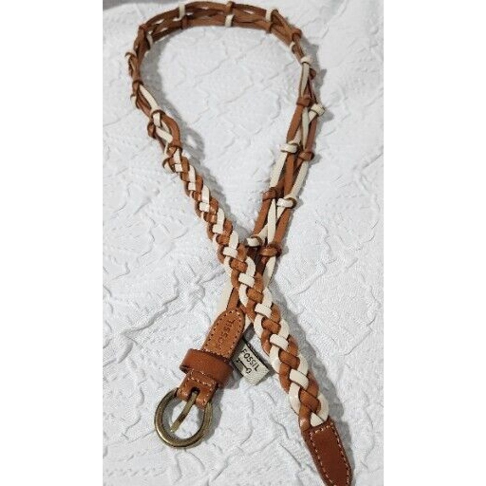 Fossil Braided Belt Women Medium Brown Cream Two-Tone Woven Leather Boho Western